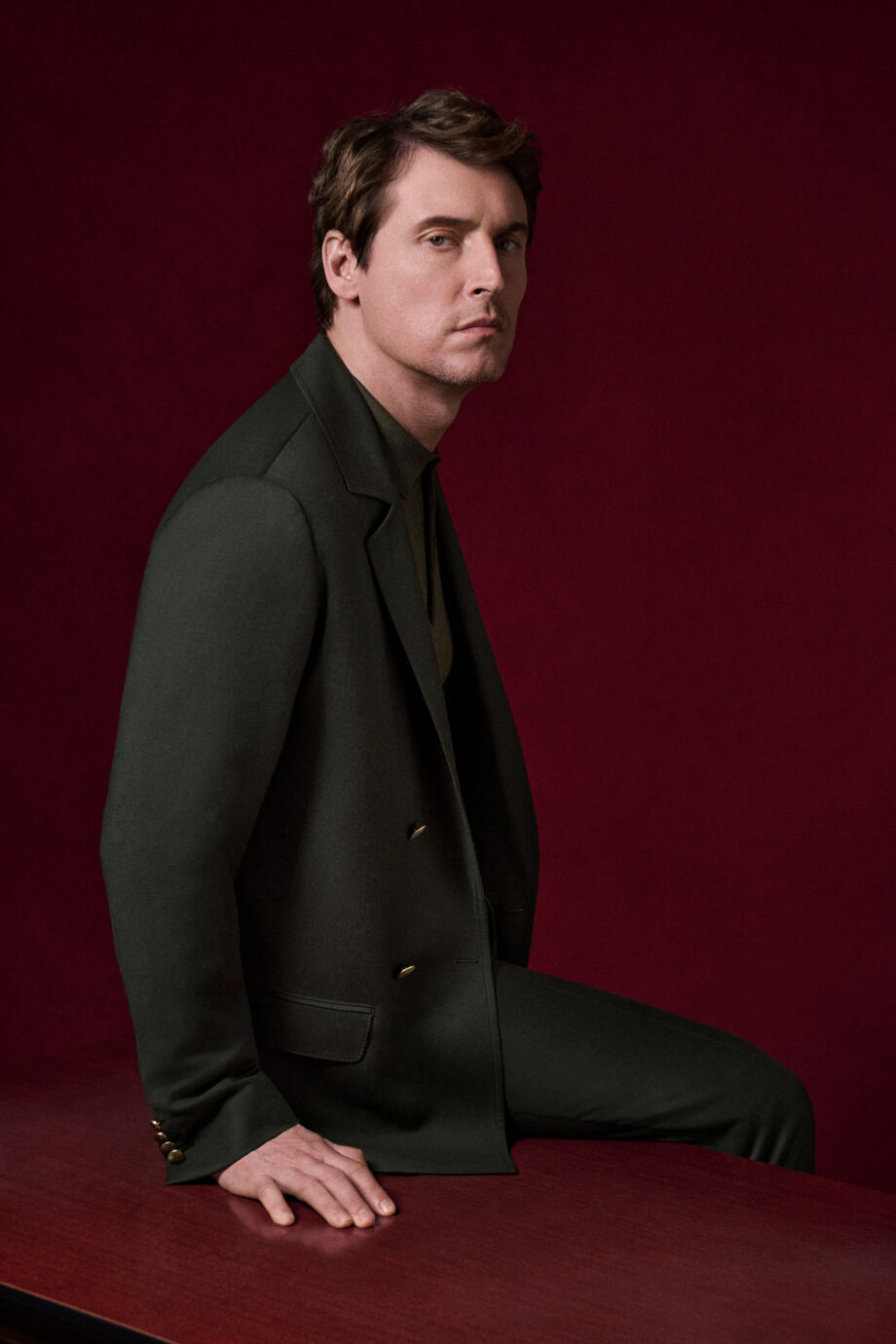 Double-breasted flannel blazer in dark green